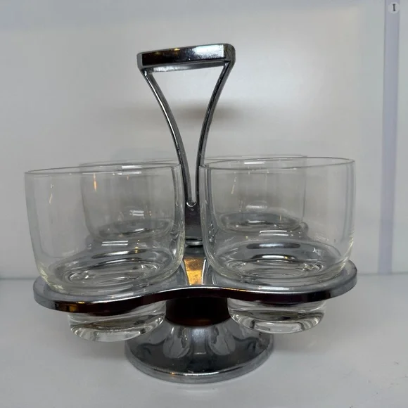 MCM Vintage Barware 1960s Chrome Caddy & Rotating Lazy Susan Set of 4 Glasses - Picture 9 of 9